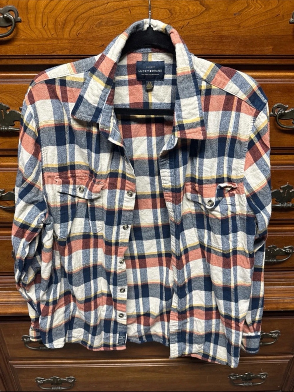 Lucky Brand Rust Navy and White Plaid Button-Down Shirt